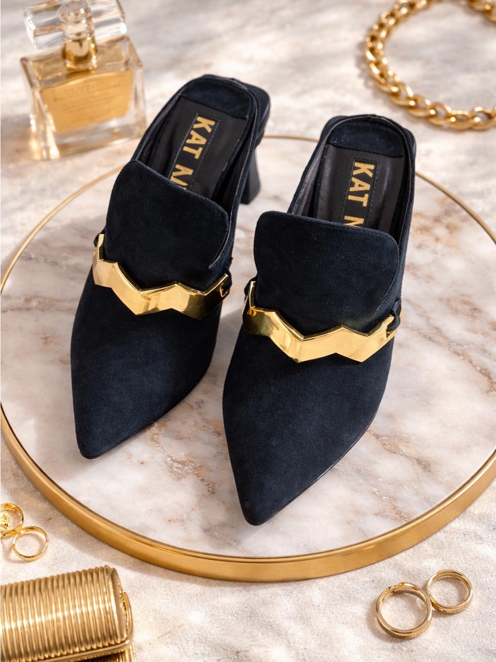 Kat Maconie  Pointed Toe Black Suede Mules with Gold Accent